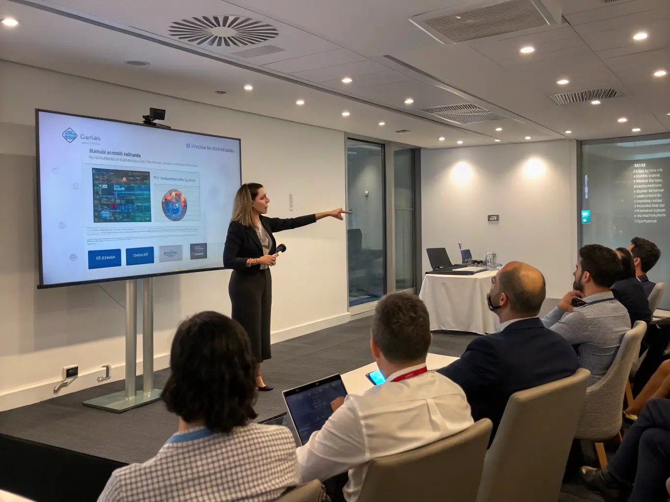 An image of a student confidently presenting their work in a corporate office, highlighting the professional development aspect of Day 1 CPT programs.