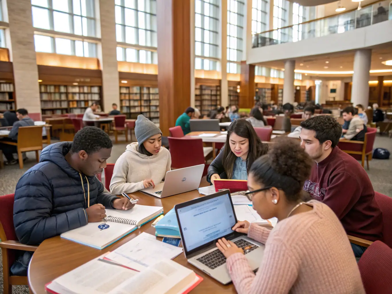 A diverse group of international students collaborating on a project in a modern university setting, showcasing teamwork and practical application of knowledge.