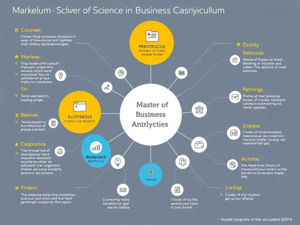 An infographic illustrating the curriculum structure of the Master of Science in Business Analytics program, highlighting the core courses, elective options, and the capstone project.