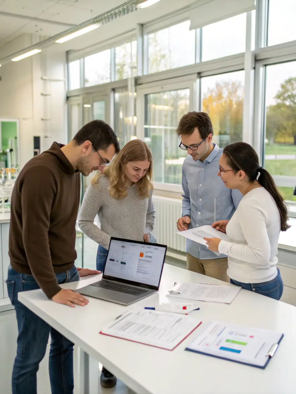 A group of doctoral students collaborating on a research project, discussing findings and sharing insights, symbolizing the collaborative nature of doctoral studies.