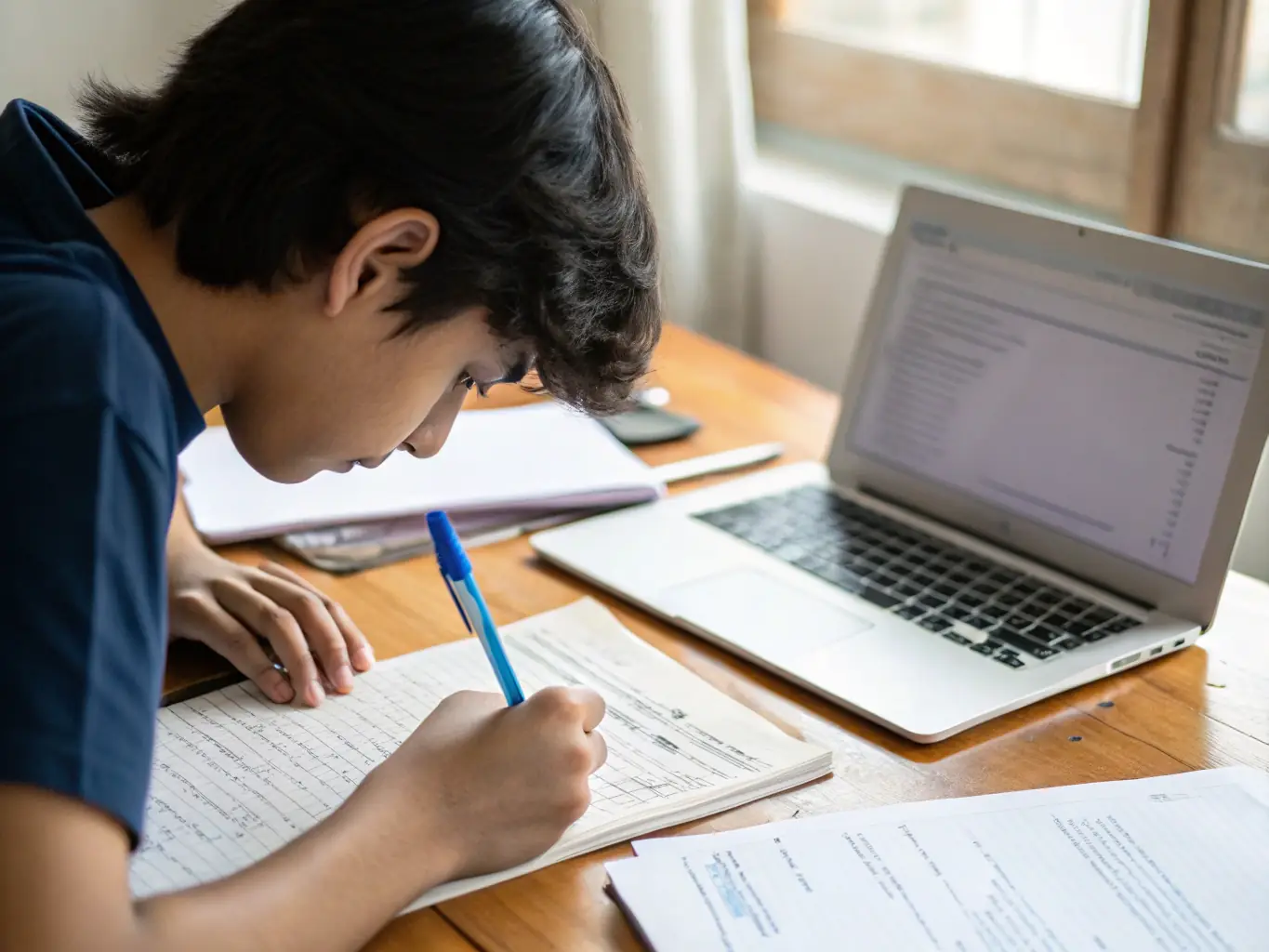 A student studying abroad is filling out paperwork at a desk in their dorm room, looking stressed and overwhelmed by the amount of documents they need to prepare for their F-1 visa application.
