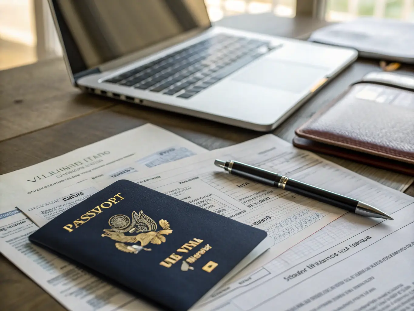 A close-up shot of various essential documents required for an F-1 visa application, including a passport, transcripts, and financial statements, neatly arranged on a desk.