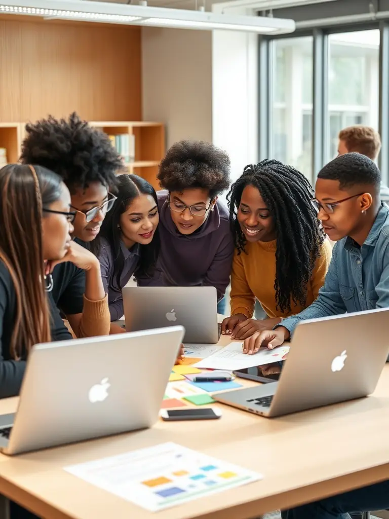 A diverse group of engineering students collaborating on a project in a modern university classroom, emphasizing teamwork and practical application of knowledge.