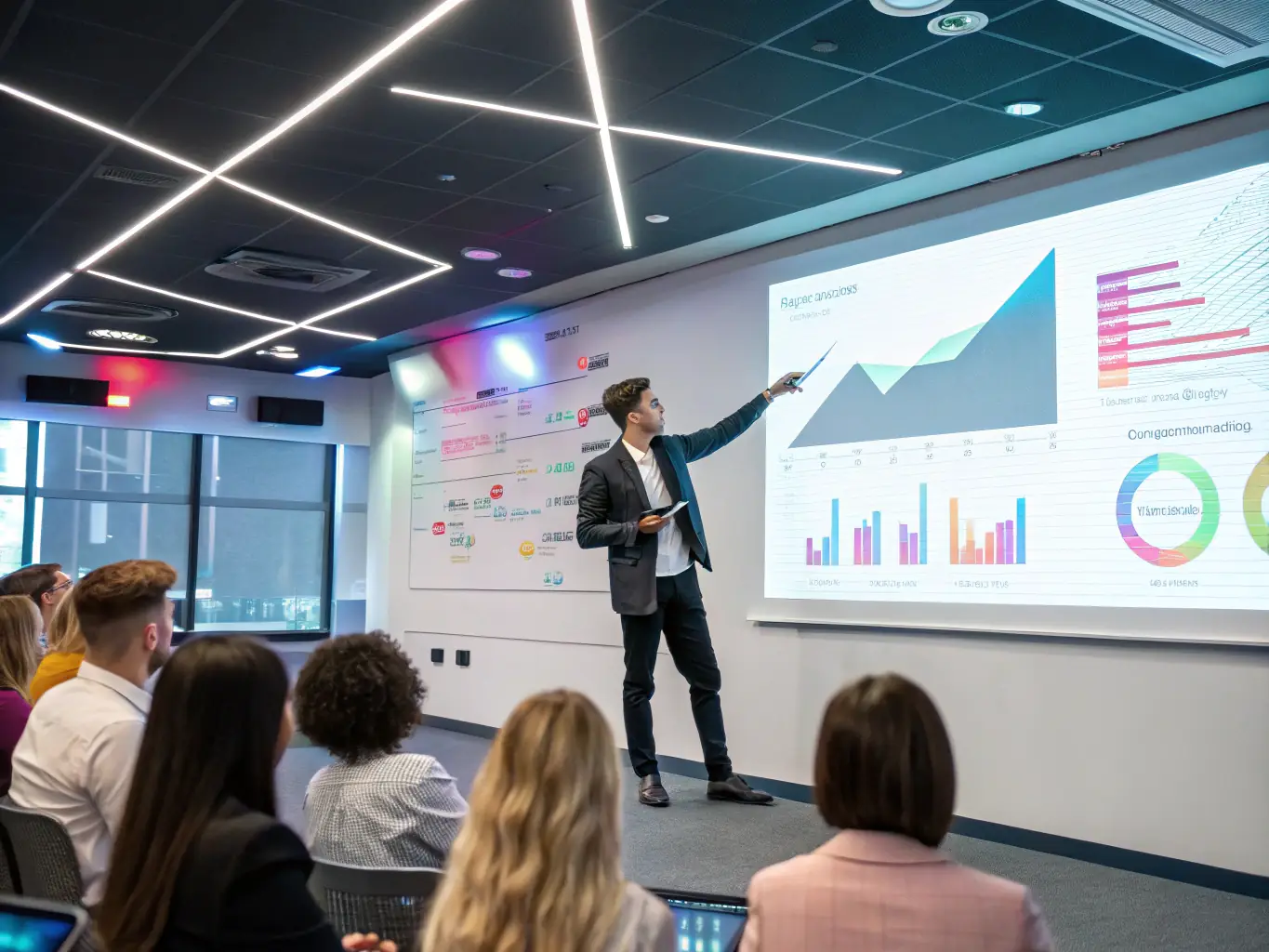 A presenter is delivering a compelling presentation on IT strategies to an executive audience, using visual aids and clear communication.