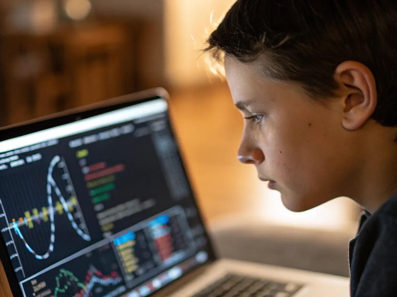 A student working on a data analysis project with multiple screens displaying complex data visualizations and statistical models, set in a modern university lab environment.