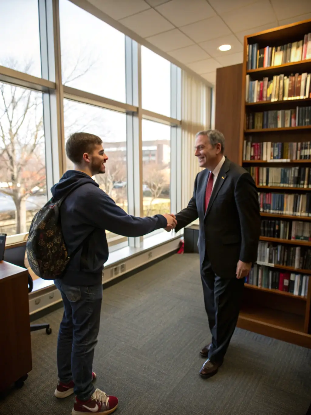 A student shaking hands with a professor in front of a university building, symbolizing the successful integration and future prospects after completing the program.