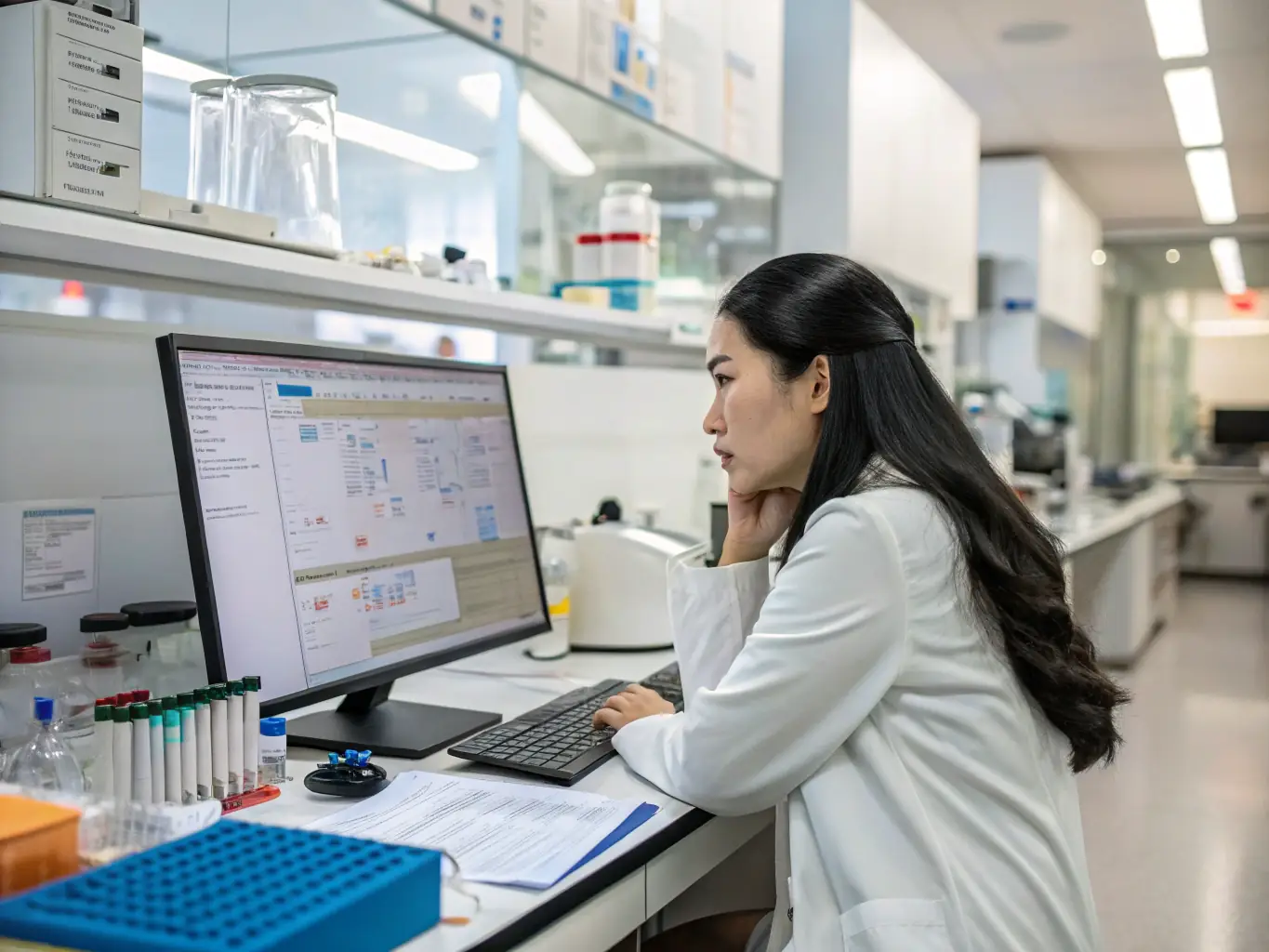 A researcher is analyzing data on multiple monitors in a high-tech lab, focusing on identifying trends and insights for IT advancements.