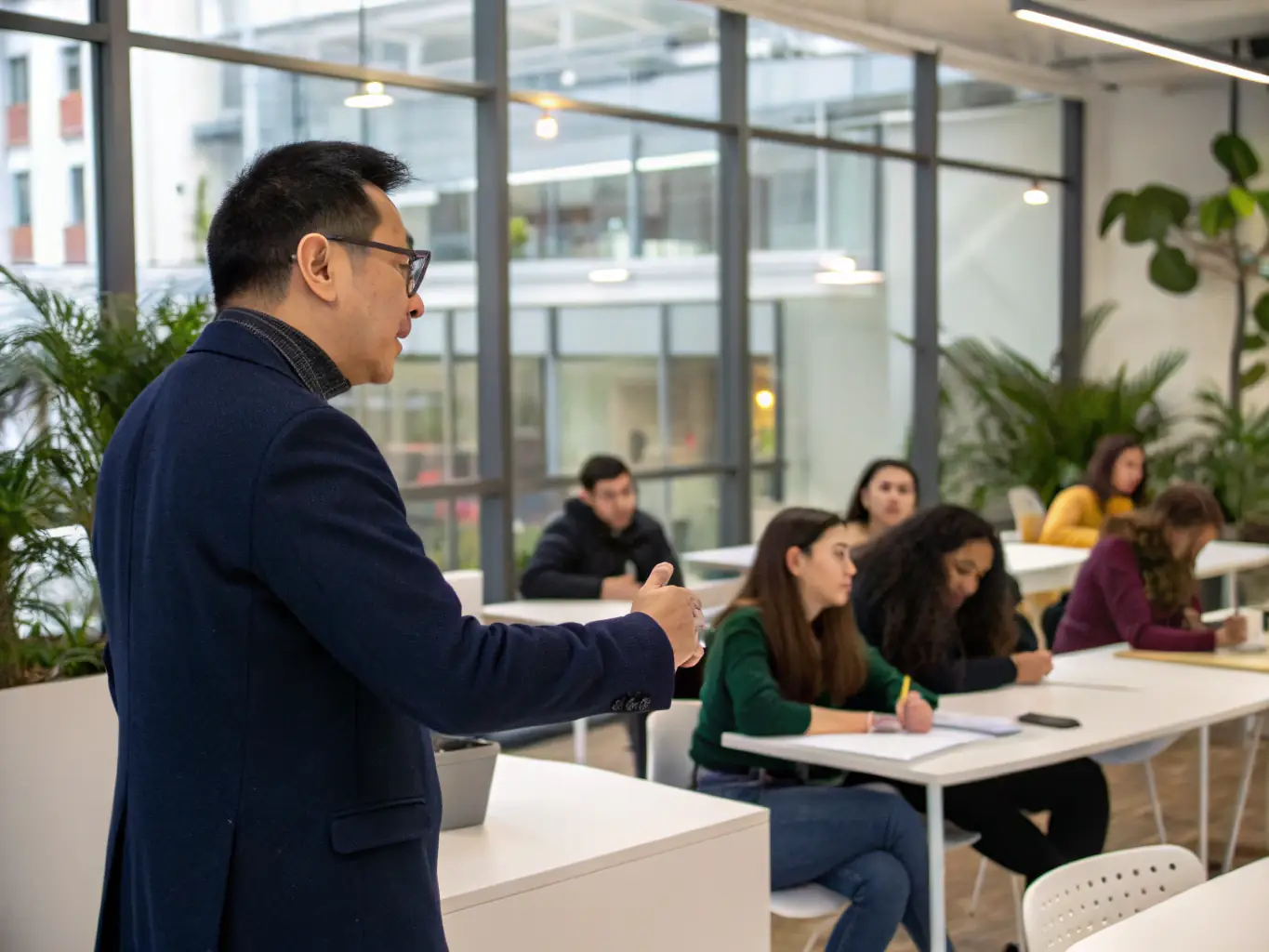 An image of a student confidently presenting a business strategy in a classroom setting, highlighting the development of essential skills.
