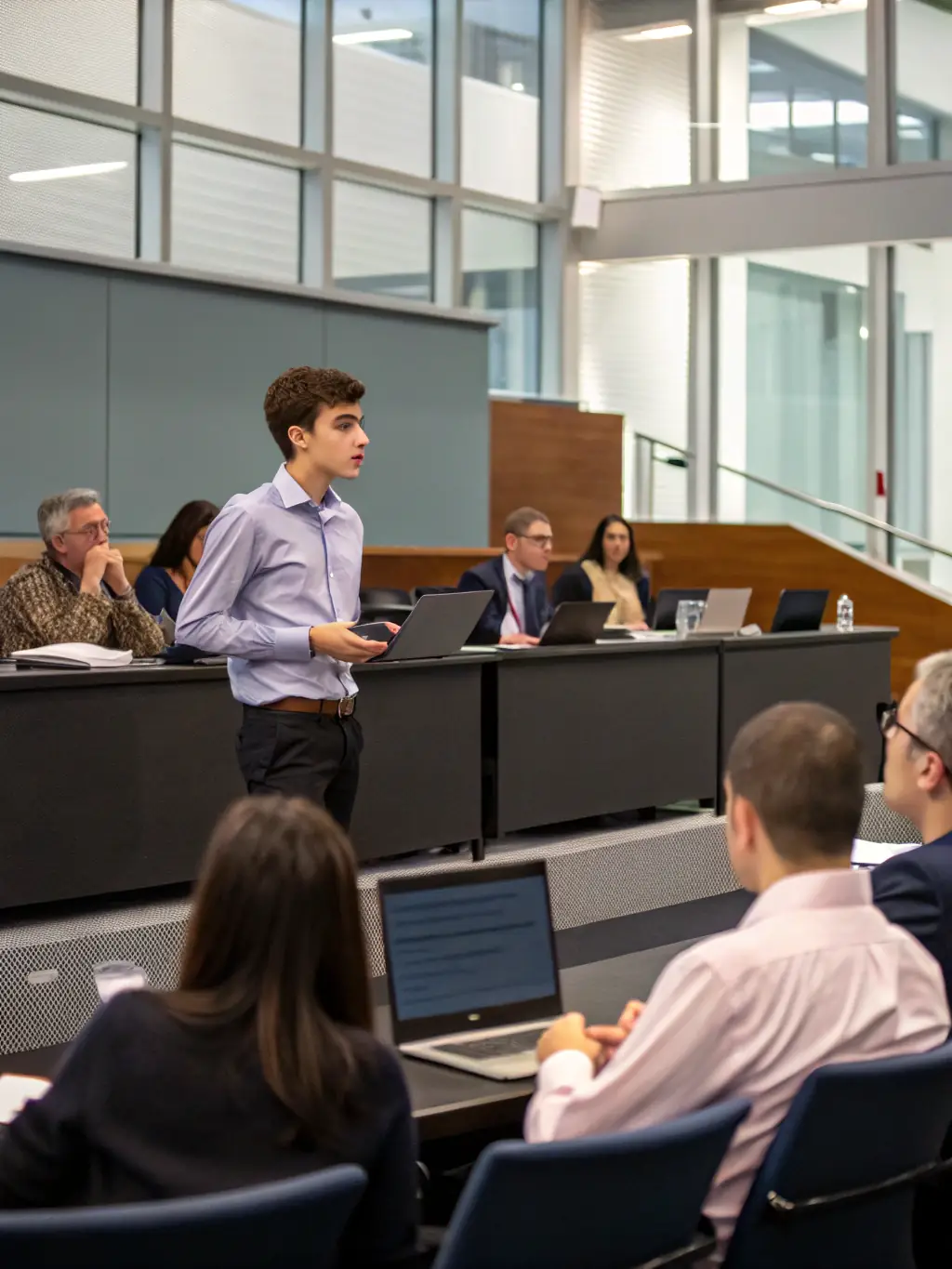 An international student confidently presenting a project to a panel of professors, showcasing their communication and leadership skills.
