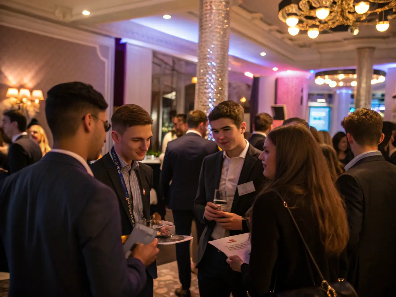 A professional networking event with MBA students and industry leaders engaging in conversation, emphasizing the importance of connections.