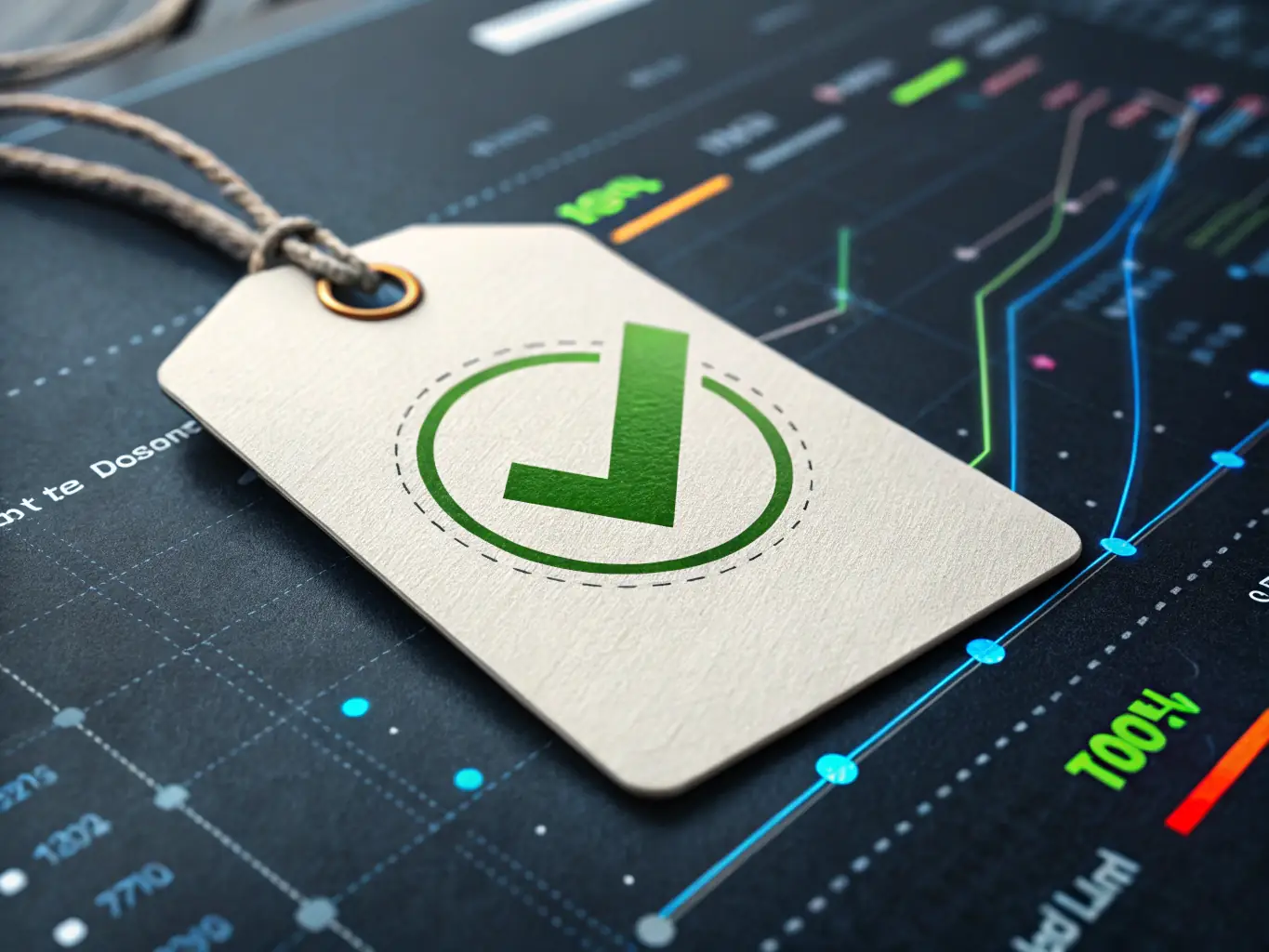 A graphic showing a price tag with a checkmark, representing the cost-effectiveness of the Duolingo English Test.