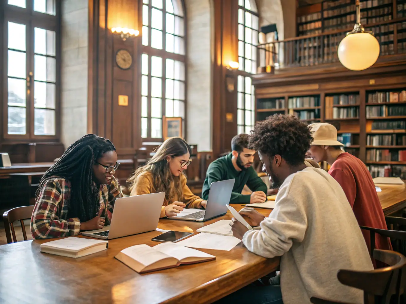 A diverse group of international students are gathered around a table in a modern university library, collaborating on a project with laptops and books, symbolizing academic support and community.
