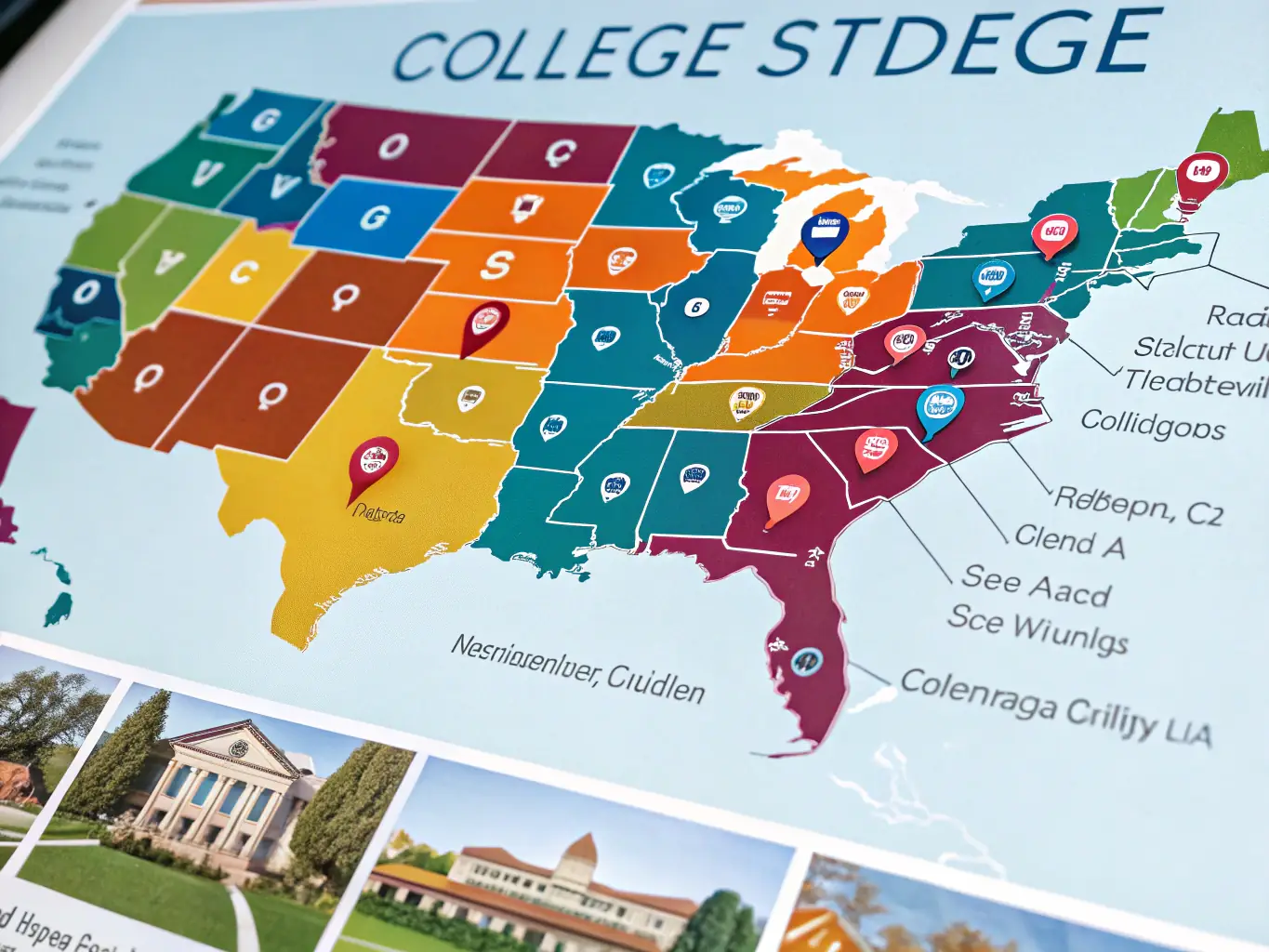A U.S. map highlighting various cities and university locations, representing the wide range of academic institutions and geographic options available to international students.