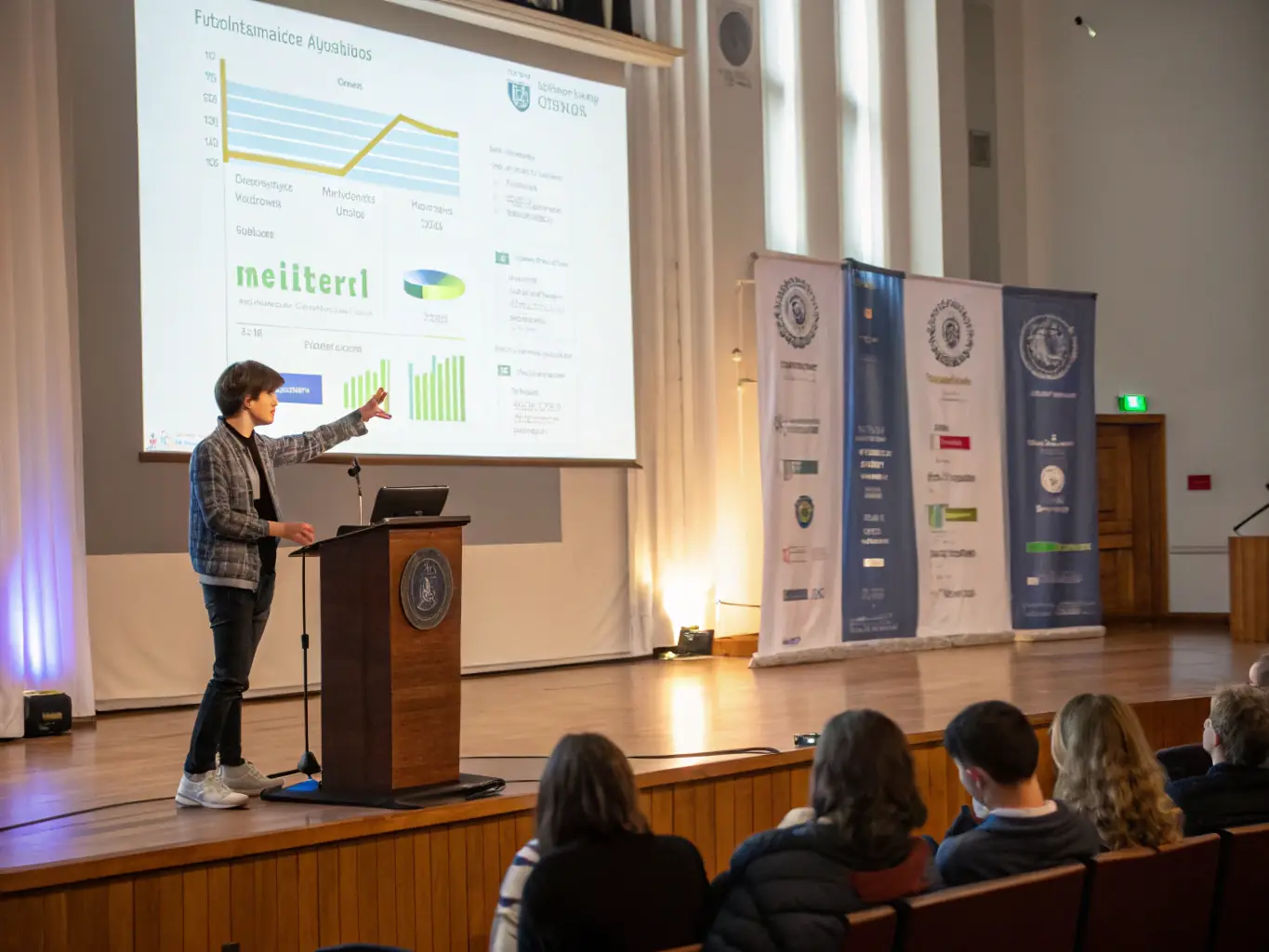 An international student is confidently presenting their research findings at a university conference, showcasing the professional development opportunities available through Day 1 CPT programs.